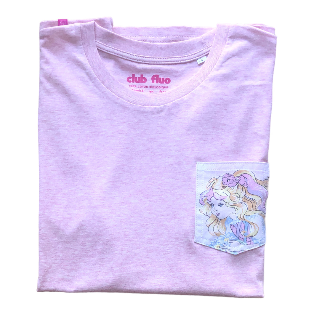 T-Shirt Rose chiné  / Poche Dame Boucleline - Coton Bio / Taille L