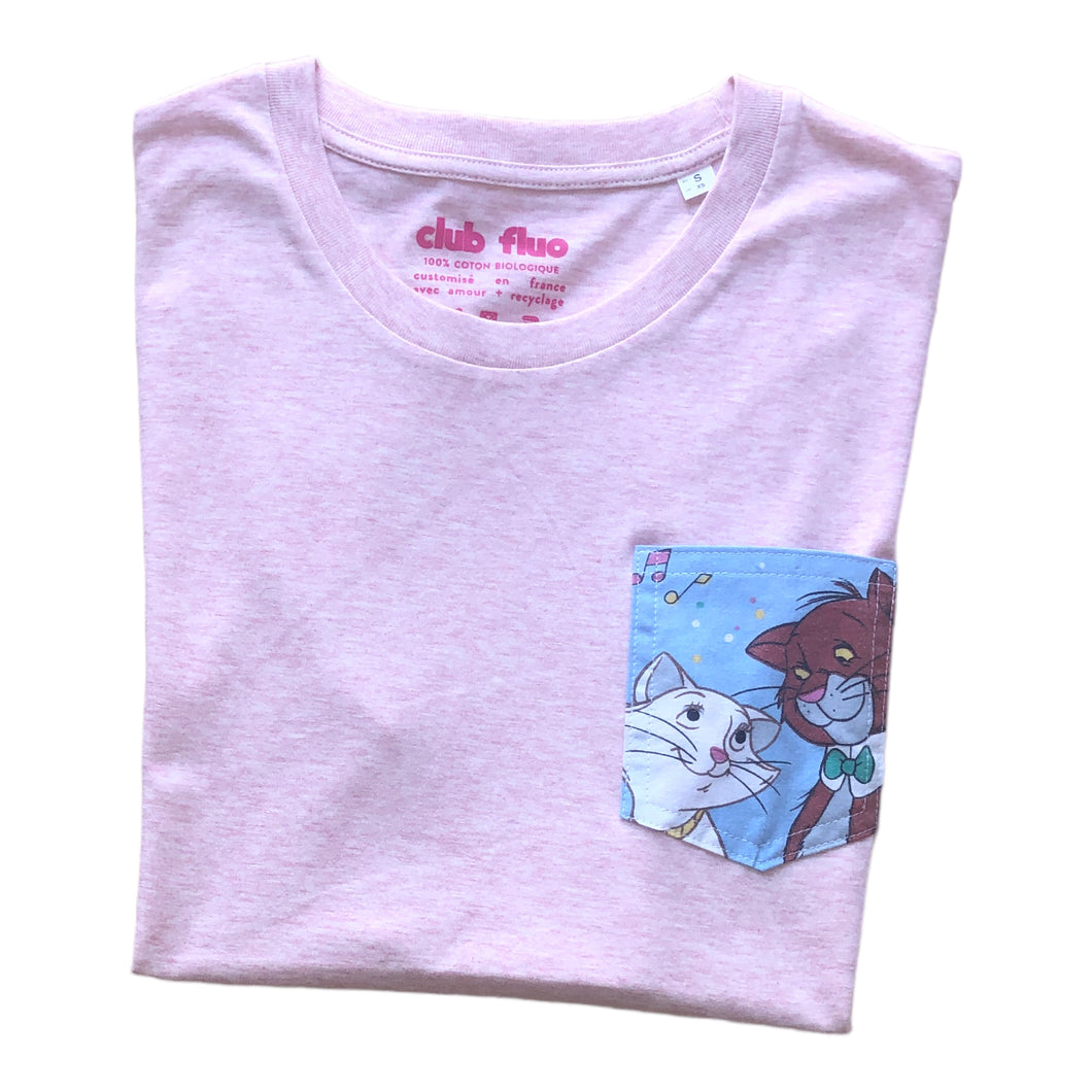 T-Shirt Rose Chiné  / Poche Les Aristochats - Coton Bio / Taille S