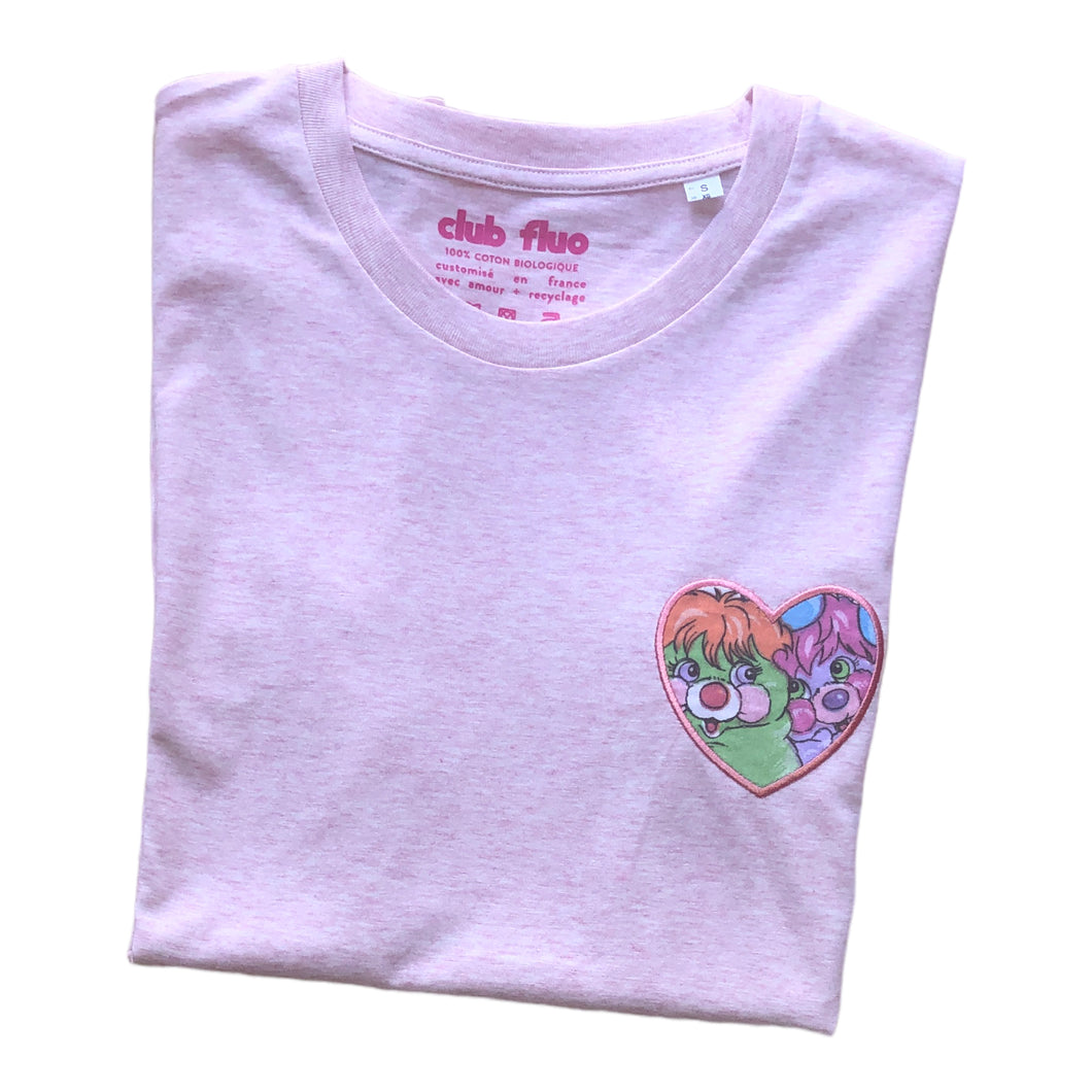 T-Shirt Rose Chiné  / Coeur Popples - Coton Bio / Taille S