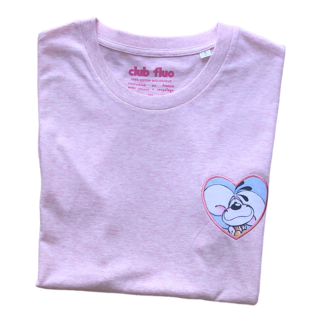 T-Shirt Rose Chiné  / Coeur Diddl - Coton Bio / Taille S