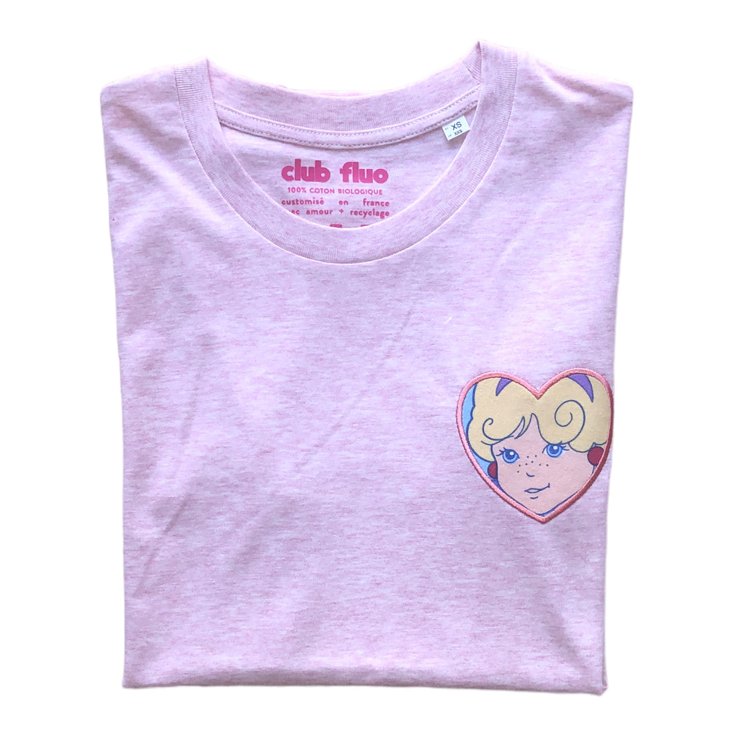 T-Shirt Rose Chiné  / Coeur Polly Pocket - Coton Bio / Taille XS