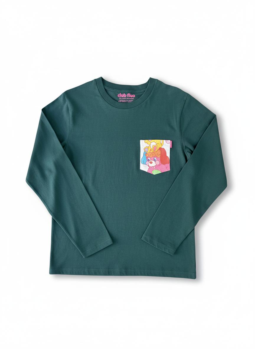 T-Shirt Poche Manches Longues - Popples / Vert / Taille S / Coton Bio