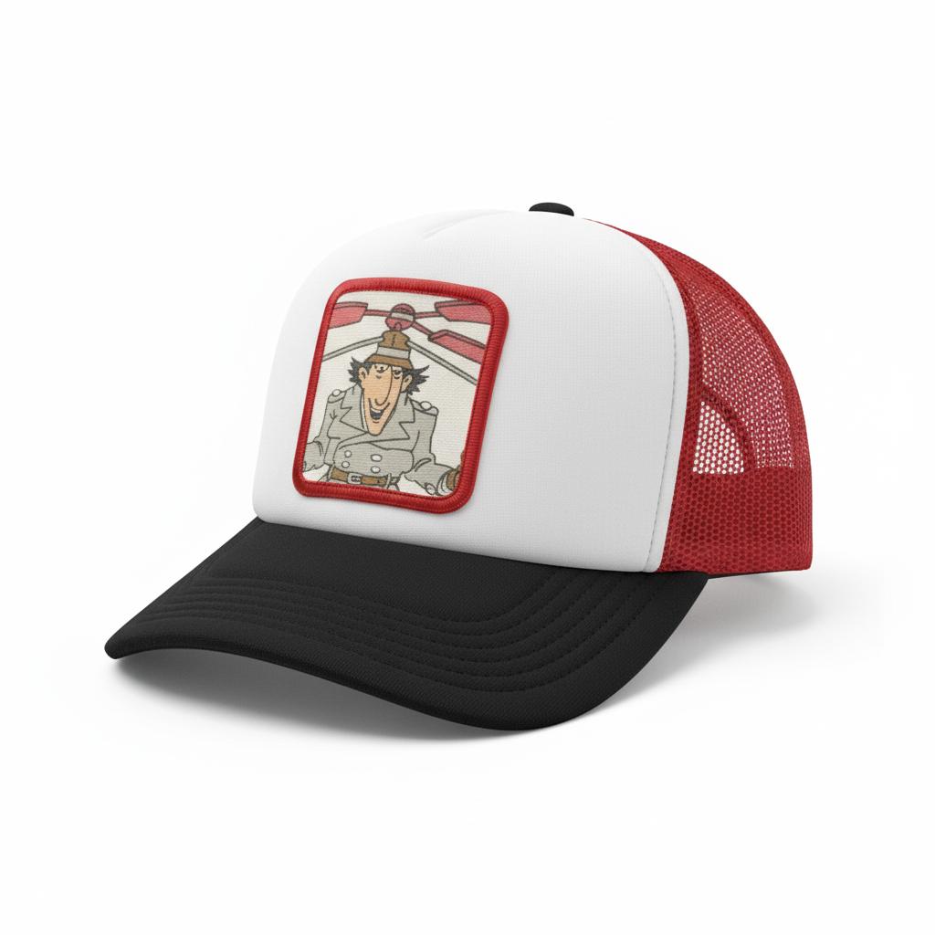 Casquette Trucker / Custo Upcyclée Inspecteur Gadget/ Rouge et Noire